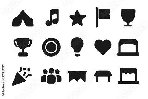 Festival Line Icons. Festival Atmosphere. Line icon set of Festival Atmosphere: tent, lantern, flag string, bonfire, food stall, people crowd, drum, guitar,