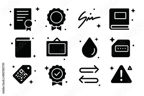 Provenance Icons Set. Provenance and authenticity. Solid icons set of Provenance and authenticity: provenance document, certificate seal, artist signature,