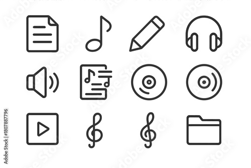 Store Playlist Icons. Store playlist management. Line icon set of Store playlist management: sheet of paper, music note, pencil, headphones, speaker, playlist