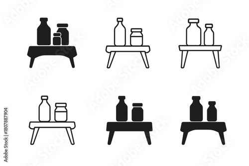 Minimalist Product Display. Product table display. Icon set. Set Logo of product table display: minimalist stand showing jars and bottles. harmonious logo