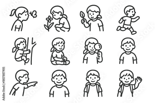 Nature Exploration Icons. A family exploring a natural hot spring in a remote mountain area. Icon set. Set Logo of Wildlife: Bird or deer nearby. Symmetrical