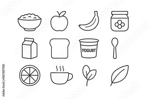 Healthy Breakfast Icons. Healthy breakfast. Line icon set of healthy breakfast: oatmeal bowl, apple, banana, honey jar, milk, toast, yogurt, spoon, orange