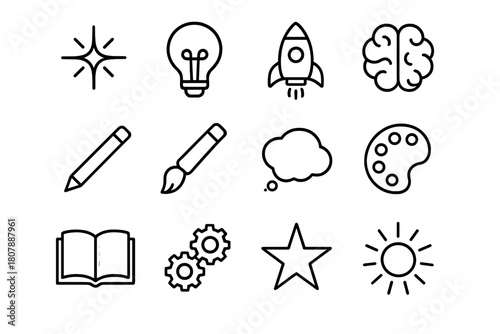 Creative Spark Icons. Creative spark. Line icon set of creative spark: spark, light bulb, rocket, brain, pencil, paintbrush, thought bubble, color palette,