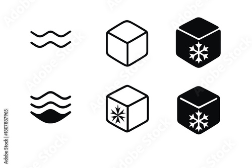 Freezing Process Icons. The process of freezing. Icon set. Set Logo of The process of freezing: phase change diagram from liquid to solid. harmonious logo