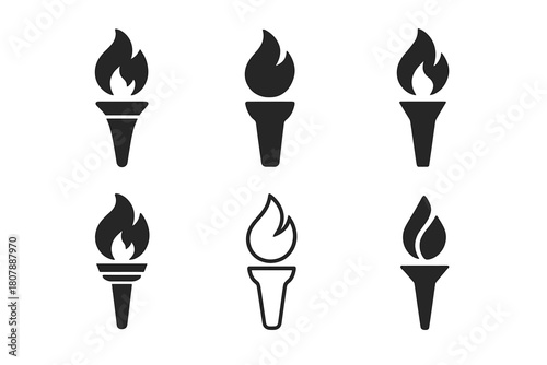 Torchlight Logo Variations. Bright light in dark. Icon set. Set Logo of bright light in dark: torch flame. harmonious logo variations of the same emblematic