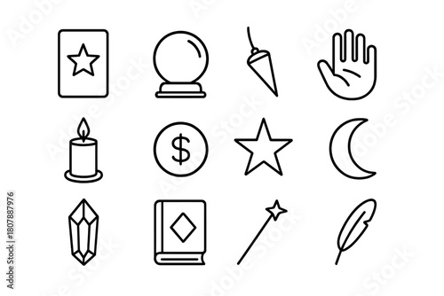 Divination Icon Set. Divination and fortune. Line icon set of divination and fortune: tarot card, crystal ball, pendulum, palm, candle, coin, star, moon,
