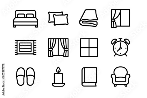 Bedroom Comfort Icons. Bedroom Comfort. Line icon set of Bedroom Comfort: bed, pillows, blanket, bedside lamp, rug, curtain, window, alarm clock, slippers,