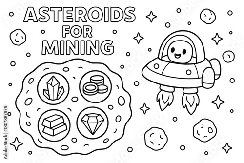 Asteroid Mining Adventure. Asteroids as potential resources for mining children?s coloring book illustration, outlined drawing, friendly spaceship approaching