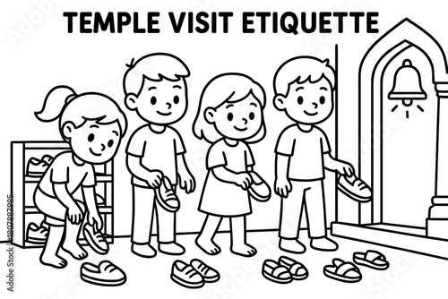 Temple Visit Coloring Page. Temple visit etiquette children?s coloring book illustration, outlined drawing, visitors removing shoes and placing them on a rack