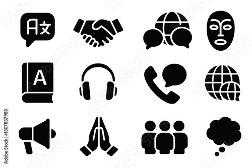 Cross-Cultural Icons Set. Cross-Cultural Communication. Line icon set of Cross-Cultural Communication: globe, chat bubble, hands, people, flag, book, document,