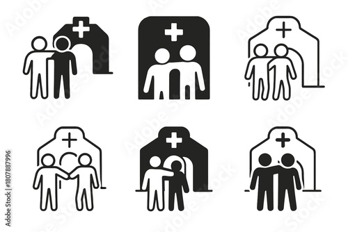 Doctor Visit Icons. Taking a friend to the doctor. Icon set. Set Logo of Taking a friend to the doctor: Prescription handoff. harmonious logo variations of the