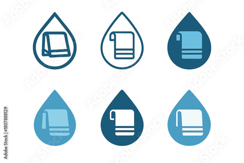 Wet Towel Logos. Wet towel. Icon set. Set Logo of Wet Towel: rolled towel with droplets accent. harmonious logo variations of the same emblematic concept, each