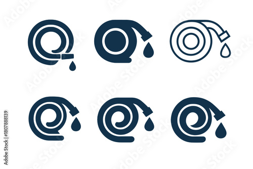 Water Hose Logos. Hose. Icon set. Set Logo of hose: water droplet flow. harmonious logo variations of the same emblematic concept, each with different artistic