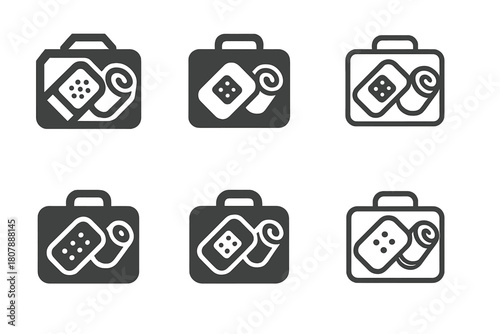 Bandage Icon Collection. Bandages and gauze. Icon set. Set Logo of bandages and gauze: first-aid kit with bandage and gauze emblem. harmonious logo variations