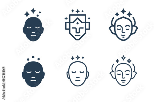 Meditation App Logos. using a meditation app. Icon set. Set Logo of using a meditation app: smartphone with tranquil landscape. harmonious logo variations of