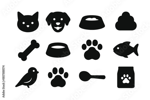 Pet Care Icons. Pet care. Solid icon set of Pet care: cat, dog, food bowl, kibble, bone, water bowl, treat, fish, bird, paw print, spoon, pet food bag. Filled