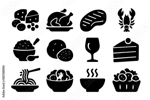 Gourmet Icon Set. Gourmet Platter. Solid icon set of Gourmet Platter: cheese platter, roasted turkey, steak, lobster, caviar, truffle, wine glass, chocolate