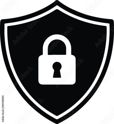 Illustration security shield with padlock black and white silhouette vector