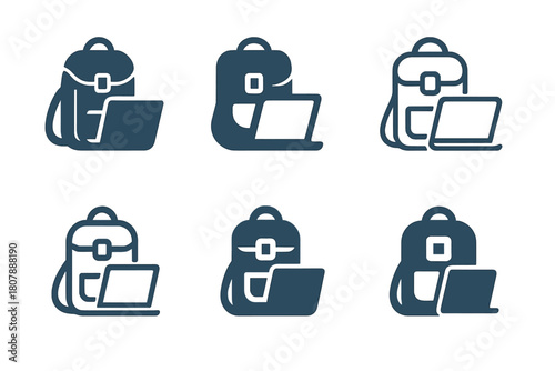 Mobile Office Icons. Work from anywhere. Icon set. Set Logo of Work from anywhere: Mobile office with backpack. harmonious logo variations of the