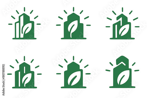 Eco Building Icons. Energy-efficient buildings. Icon set. Set Logo of energy-efficient buildings: eco-friendly building emitting radiant energy