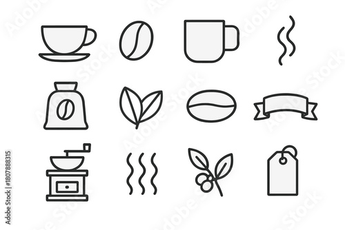 Coffee Icon Set. Coffee shop design. Line icon set of coffee shop design: coffee cup, mug, coffee bean, steam, aroma swirl, leaf, grinder, sack, label tag,