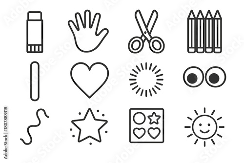 Kids Craft Icons. Kids craft time. Line icon set of kids craft time: glue stick, child handprint, safety scissors, colored pencils, popsicle stick, paper