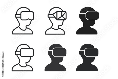 Virtual Reality Icons. Virtual reality meetings. Icon set. Set Logo of Virtual reality meetings: Headset plus microphone. harmonious logo variations of the
