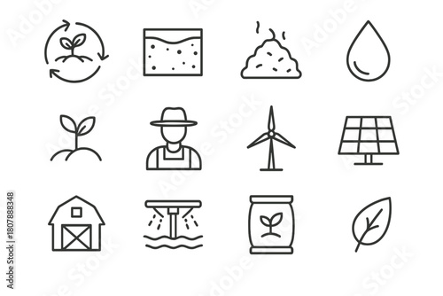 Agricultural Sustainability Icons. Agricultural sustainability. Line icon set of Agricultural sustainability: crop rotation, soil profile, compost heap, water