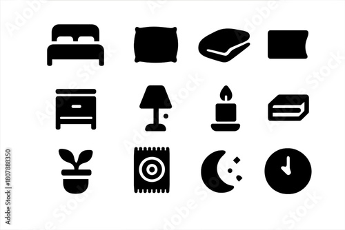 Mindful Bedroom Icons. Mindful bedroom. Solid icon set of Mindful bedroom: bed, pillow, blanket, nightstand, lamp, candle, plant, rug, book, curtain, moon,