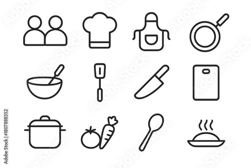 Cooking Icon Set. Cooking and measuring. Line icon set of cooking and measuring: scale, measuring cup, spoon, bowl, flour bag, whisk, jar, rolling pin, scoop,
