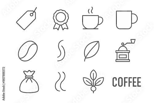 Coffee Line Art Icons. Coffee packaging graphics. Line icon set of coffee packaging graphics: label tag, ribbon, coffee cup, mug, bean, aroma swirl, leaf,