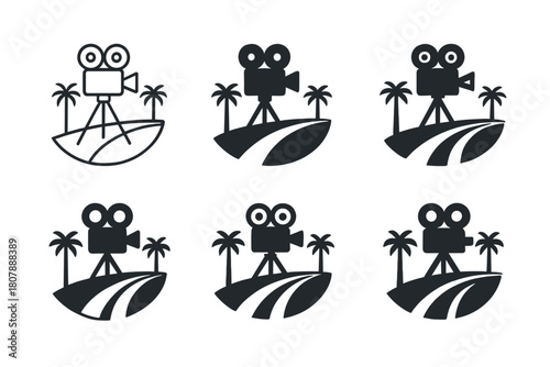 Hollywood Boulevard Logos. Hollywood Boulevard. Icon set. Set Logo of Hollywood Boulevard: clapboard merged with boulevard map grid. harmonious logo variations