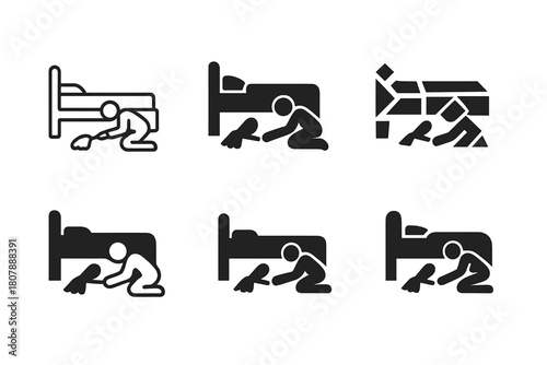 Cleaning Icon Variations. Cleaning under the bed. Icon set. Set Logo of Cleaning under the bed: Person dusting under bed. harmonious logo variations of the