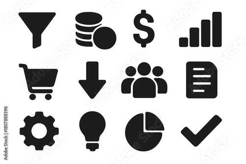 Sales Funnel Icons. Sales funnel. Solid icon set of sales funnel: funnel, coins, dollar sign, graph, shopping cart, arrow down, people group, document, gear,