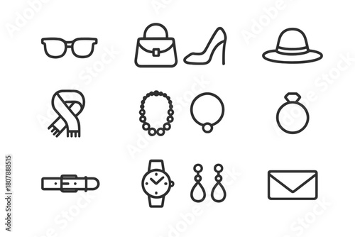 Fashion Icon Grid. Fashion accessories. Line icon set of Fashion accessories: sunglasses, handbag, high heels, hat, scarf, necklace, bracelet, ring, belt,