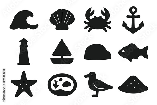Coastal Icon Collection. Coastal elements. Solid icon set of coastal elements: wave, shell, crab, anchor, lighthouse, boat, rock, fish, starfish, tide pool,