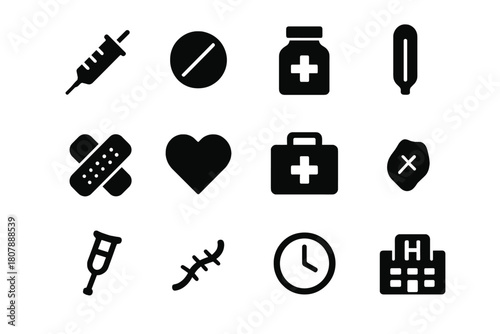 Medical Icons Grid. Medical treatment. Solid icon set of Medical treatment: syringe, pill, medicine bottle, thermometer, bandage, heart, first aid kit, wound,
