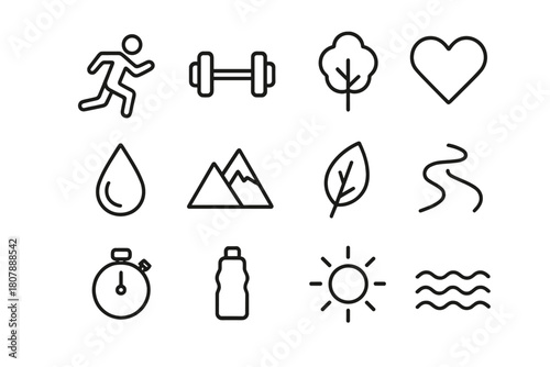Nature Fitness Icons. Nature Fitness. Line icon set of Nature Fitness: running figure, dumbbell, tree, heart, droplet, mountain, leaf, path, stopwatch, water
