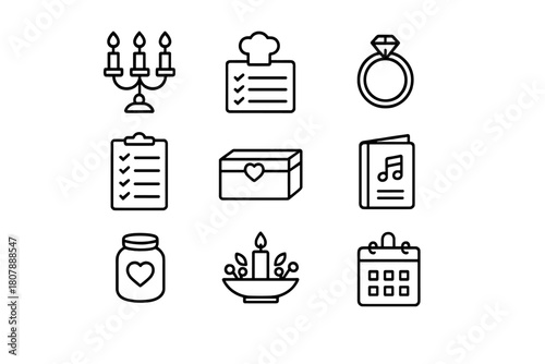Family Tradition Icon Set. Family traditions and rituals. Line icon set of family traditions and rituals: candle holder, recipe card, heirloom ring, wish list,