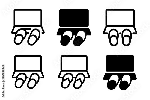 Work-from-Home Icons. work-from-home fashion. Icon set. Set Logo of work-from-home fashion: slippers and headset combo. harmonious logo variations of the same
