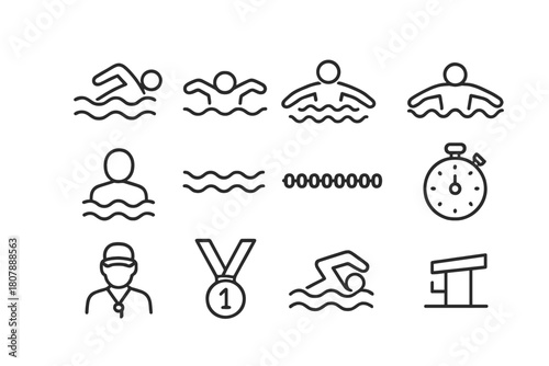 Swimming Strokes Icons. Swimming strokes. Line icon set of swimming strokes: freestyle, butterfly, backstroke, breaststroke, individual medley, swimmer