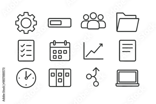 Project Execution Icons. Project execution. Line icon set of project execution: gear, progress bar, team, folder, checklist, calendar, chart, document, clock,