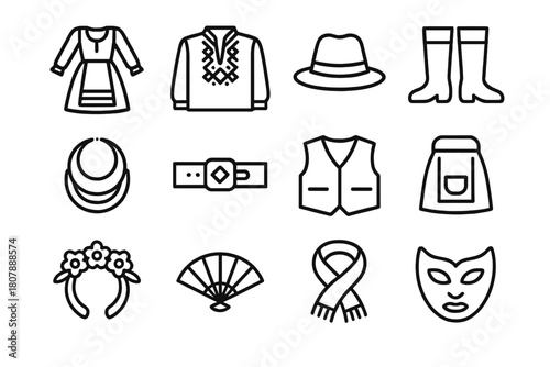 Traditional Costume Icons. Traditional Costumes. Line icon set of Traditional Costumes: folk dress, embroidered shirt, hat, boots, necklace, belt, vest, apron,
