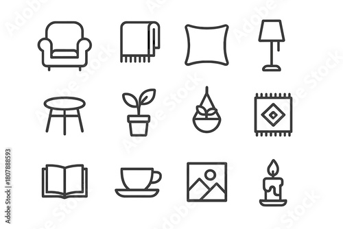 Indoor Comfort Icons. Indoor comfort. Line icon set of indoor comfort: armchair, throw blanket, cushion, floor lamp, small table, potted plant, hanging plant,