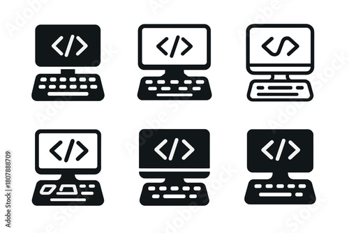 Coding Platform Icons. Online coding platform interface. Icon set. Set Logo of online coding platform interface: keyboard and screen integrated in one symbol.