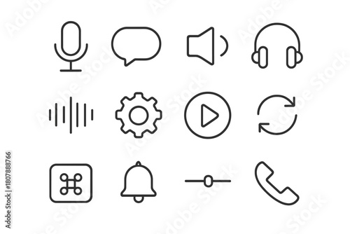 Voice Interaction Icons. Voice interaction UI. Line icon set of Voice interaction UI: microphone, chat bubble, speaker, headphones, voice waveform, settings