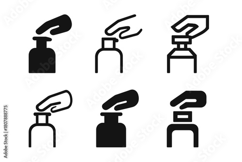 Shampoo Cap Logos. Shampoo bottle cap. Icon set. Set Logo of shampoo bottle cap: hinged lid with sealing ring. harmonious logo variations of the same