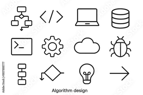 Algorithm Icon Set. Algorithm development. Line icon set of algorithm development: code brackets, flowchart, gear, decision diamond, logic gate, variable, loop