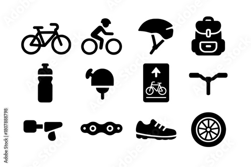 Bike Adventure Icons. Bike Adventure. Solid icon set of Bike Adventure: bicycle, rider, helmet, backpack, water bottle, bell, bike lane, handlebars, pedal,