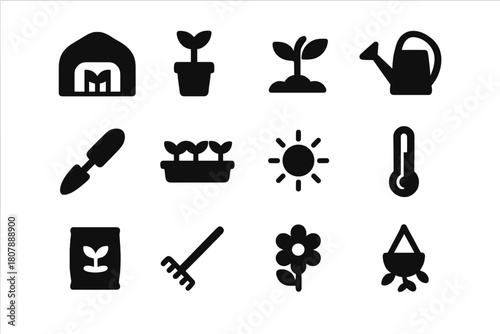Garden Tools Icons. Garden Setup. Solid icon set of Garden Setup: greenhouse, potted plant, seedling, watering can, garden trowel, plant tray, sun,